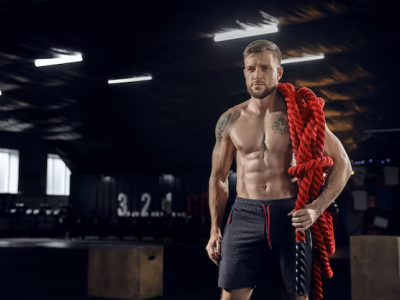 Athlete with the ropes in gym.